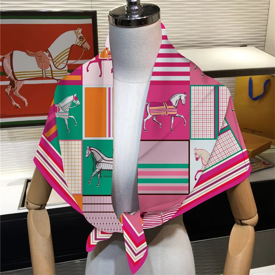 90x90cm New Design Horse Universe Printed Twill Silk Scarf Square Scarves Lady Wraps Kerchief Woman Neck Shawl Wraps