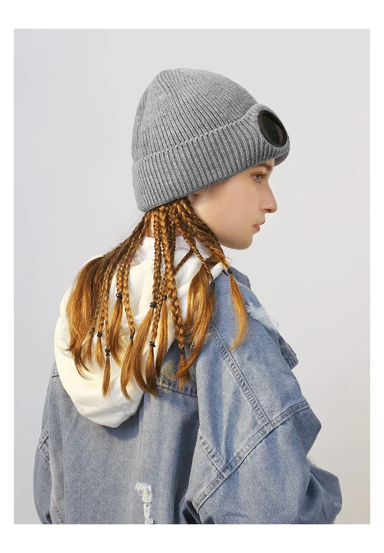 Brimless Hat With Goggles For Men And Women In Winter Hat Neutral Solid Color Skull Knitted Hat In Winter - MANDOTOS