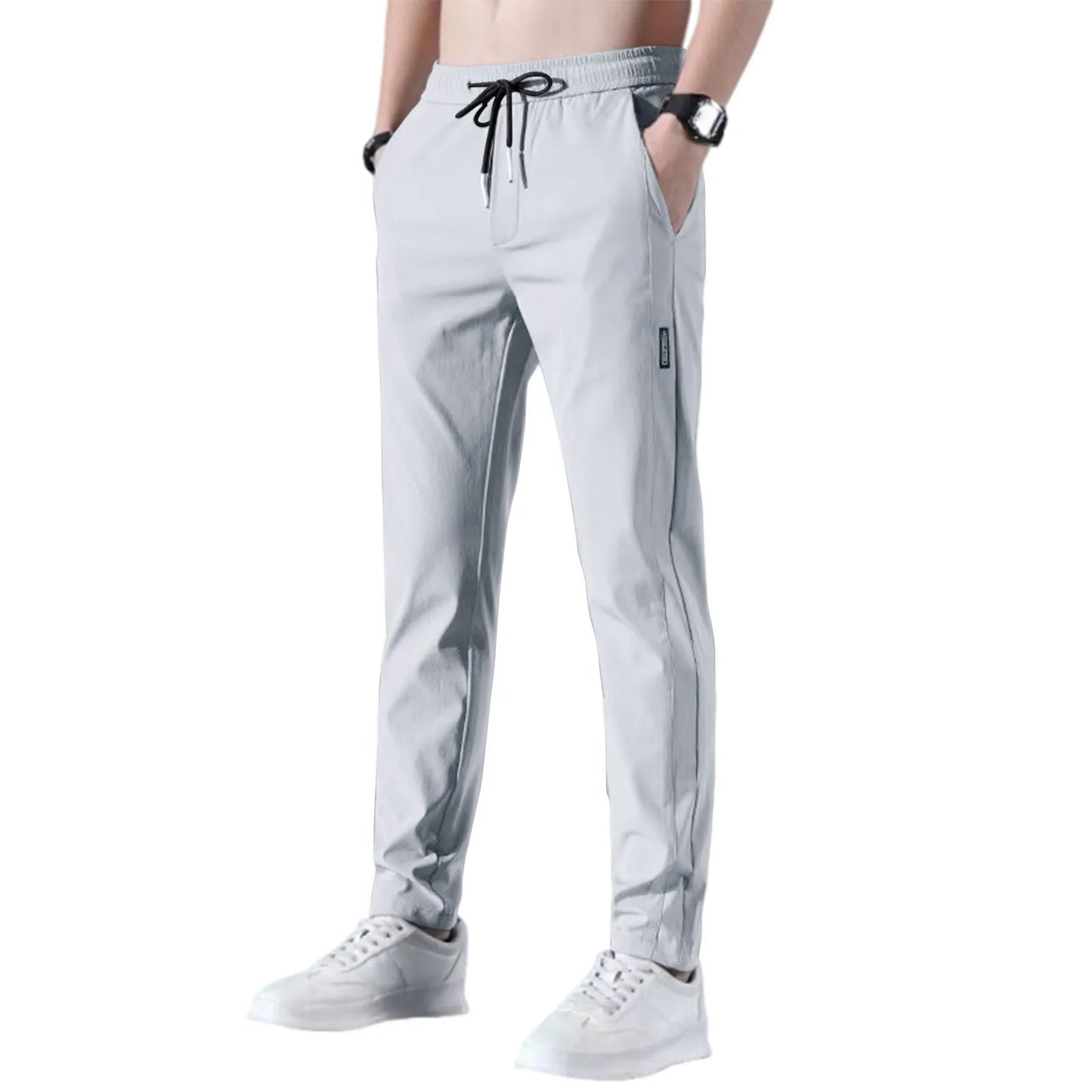 Men Fast Dry Stretch Pants Ice Silk Trousers Solid Color Mid-Waist Loose Breathable Straight-Leg Casual Pants Thin Sports Pants