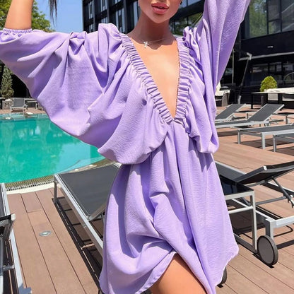 Deep V Neck Sexy Dress Temperament Retro Solid Color Pleated Dress Elegant Long Sleeve Large Size Casual Womens Dresses ropa - MANDOTOS