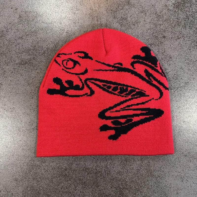 Tree Frog Print Beanie Men Women, Stretchy Knit Skull Cap for Outdoor Sports, Casual Streetwear, Unisex Cuffed Winter Hat