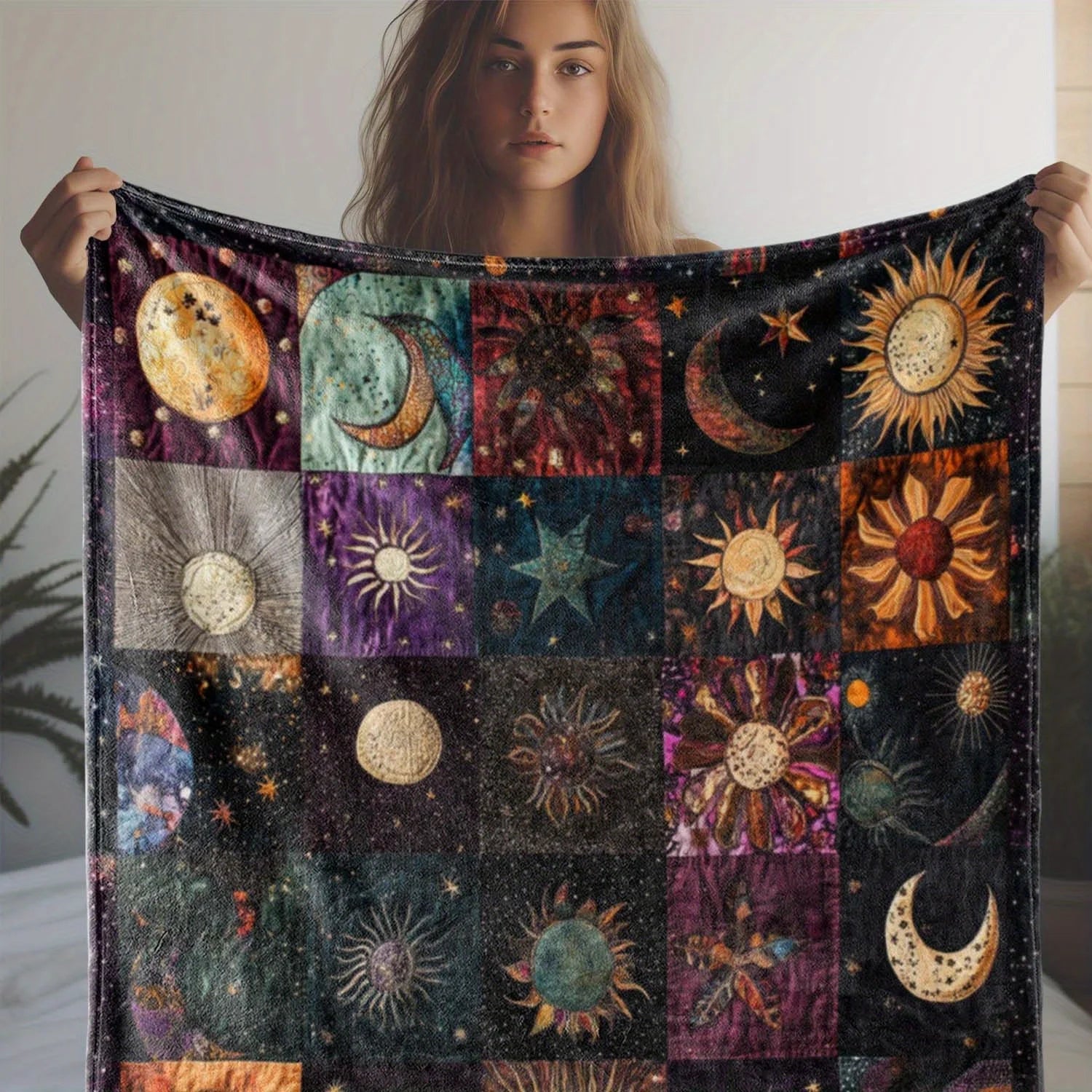 Vintage Celestial Sun and Moon Print Flannel Blanket - MANDOTOS