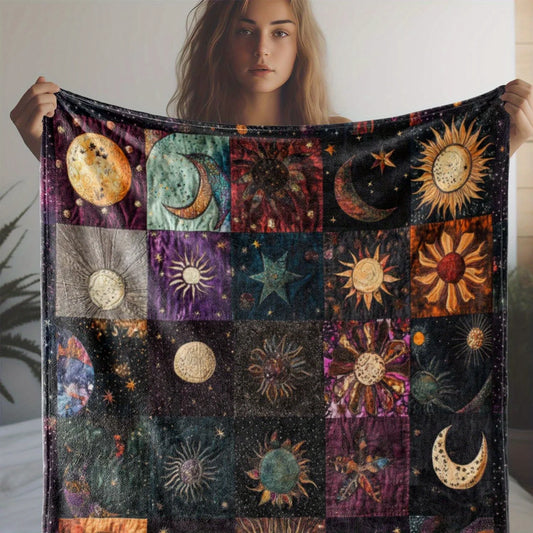 Vintage Celestial Sun and Moon Print Flannel Blanket - MANDOTOS