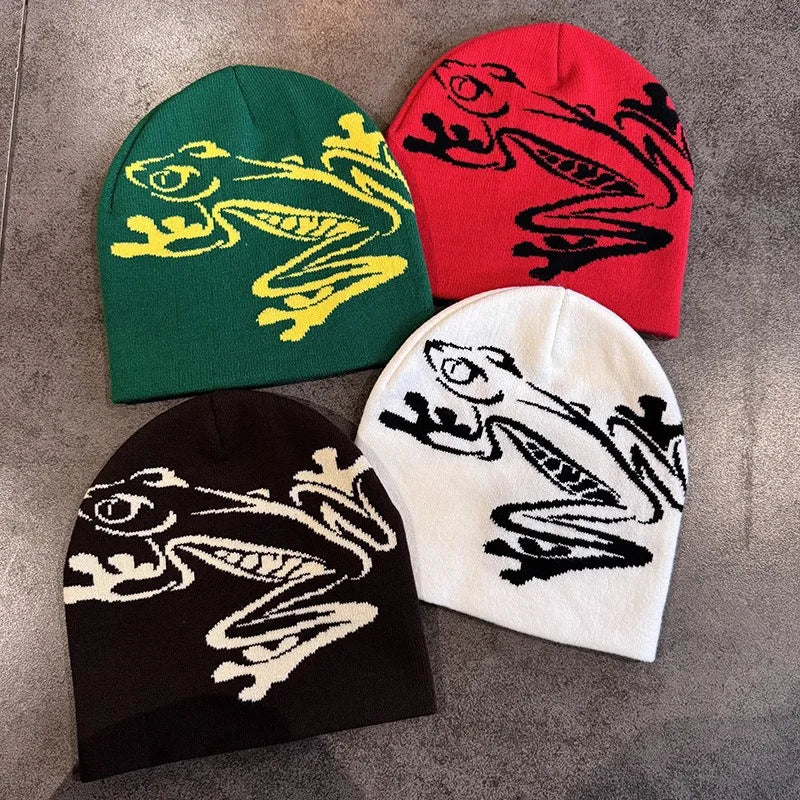 Tree Frog Print Beanie Men Women, Stretchy Knit Skull Cap for Outdoor Sports, Casual Streetwear, Unisex Cuffed Winter Hat