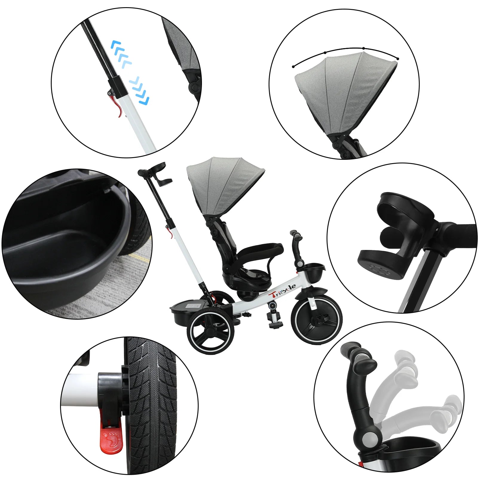 Ubravoo Baby Stroller Tricycle Ride Bike , 5-in-1, Adjustable Canopy, Sitting & Lying,Celerity Disassembly & Assembly,1-5 Years - MANDOTOS