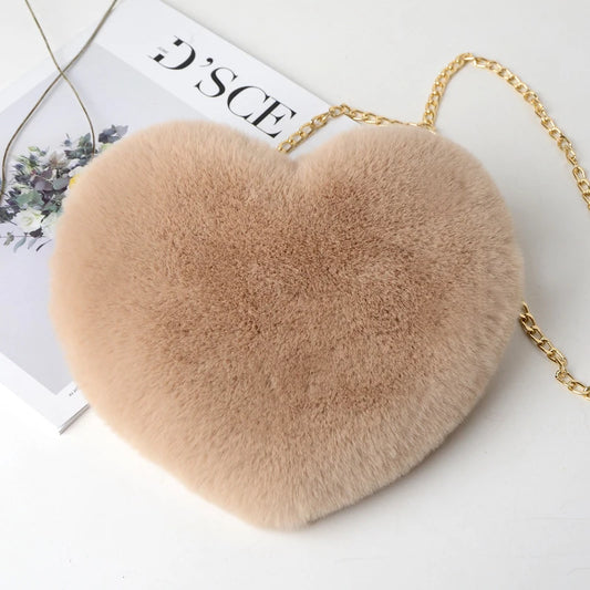 Fashion Women's Heart Shaped Handbags Cute Faux Fur Crossbody Bags Lady Soft Plush Chain Shoulder Bag Shopper Totes - MANDOTOS