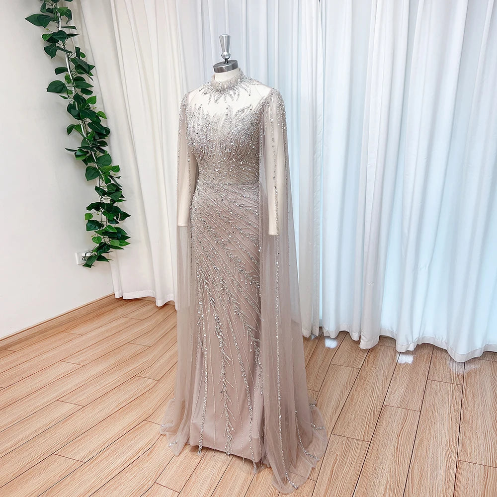 Eshaut&bridal Luxury Beaded Evening Dress Cape Sleeve Dubai Sheer Neck Mermaid Formal Prom Wedding Party Gown Customized 2026