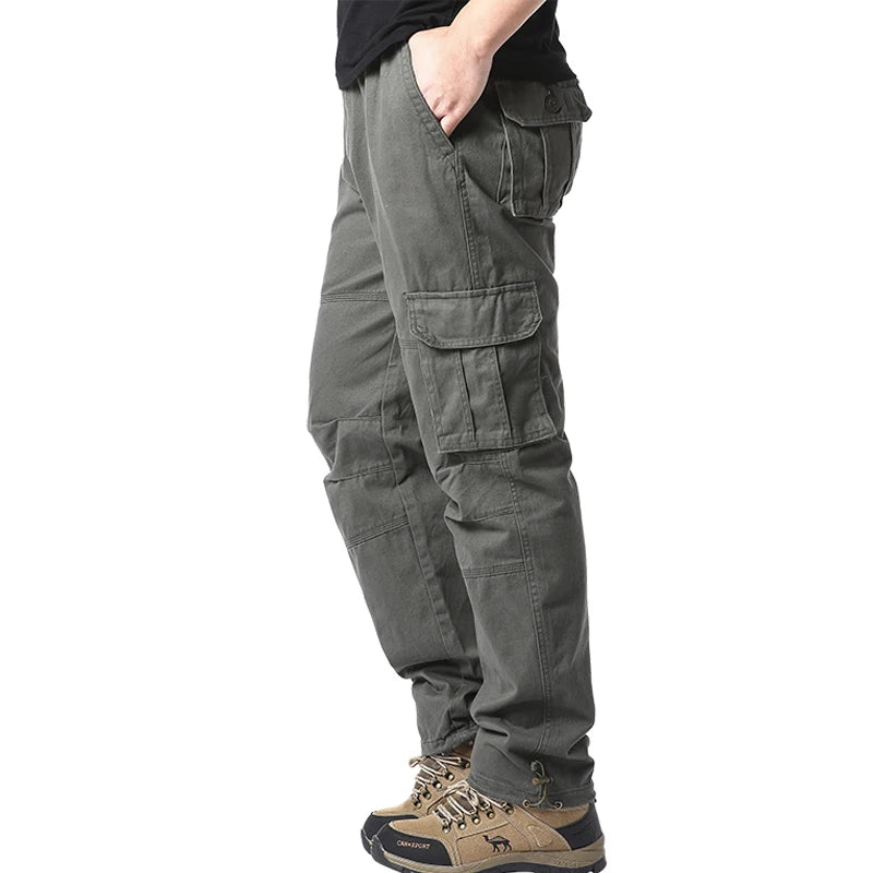 Large Pocket Loose Overalls Men's Outdoor Sports Jogging Tactical Pants Elastic Waist Pure Cotton Casual Work Pants - MANDOTOS