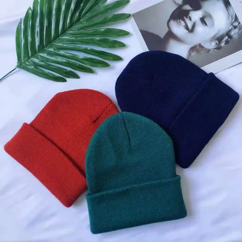 Women Men Fluorescent Color Warm Beanie Hat Autumn Winter Stretch Knitted Crochet Beanies Hat Cap Black Red White Navy Pink