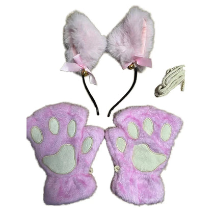 5Pcs Sets Cat Paw Gloves Winter Cute Cartoon Girl Open Finger Gloves Bell Headband Fox Cat Ear Headwear - MANDOTOS