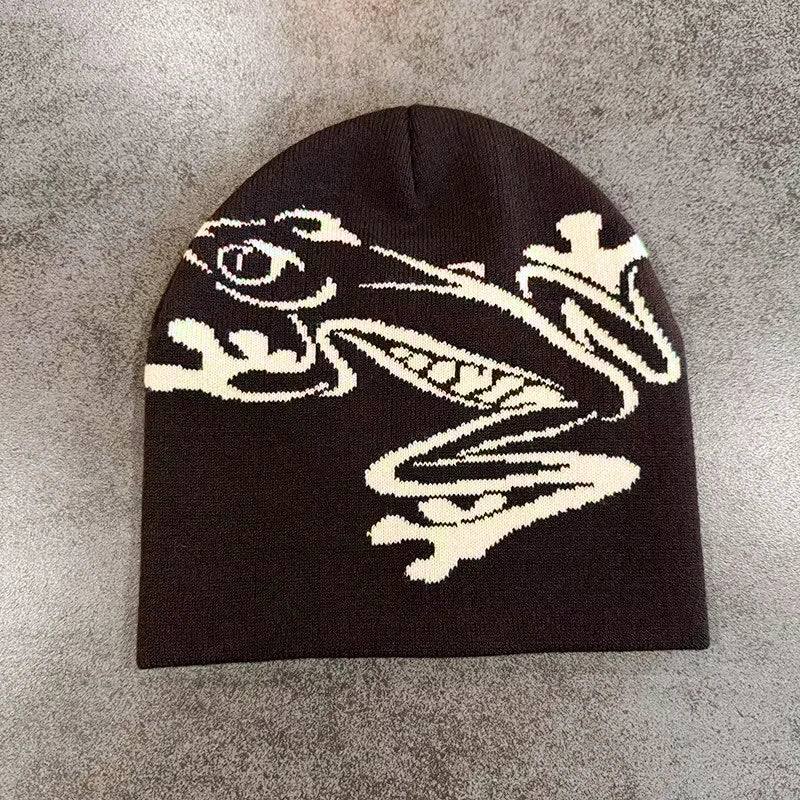 Tree Frog Print Beanie Men Women, Stretchy Knit Skull Cap for Outdoor Sports, Casual Streetwear, Unisex Cuffed Winter Hat