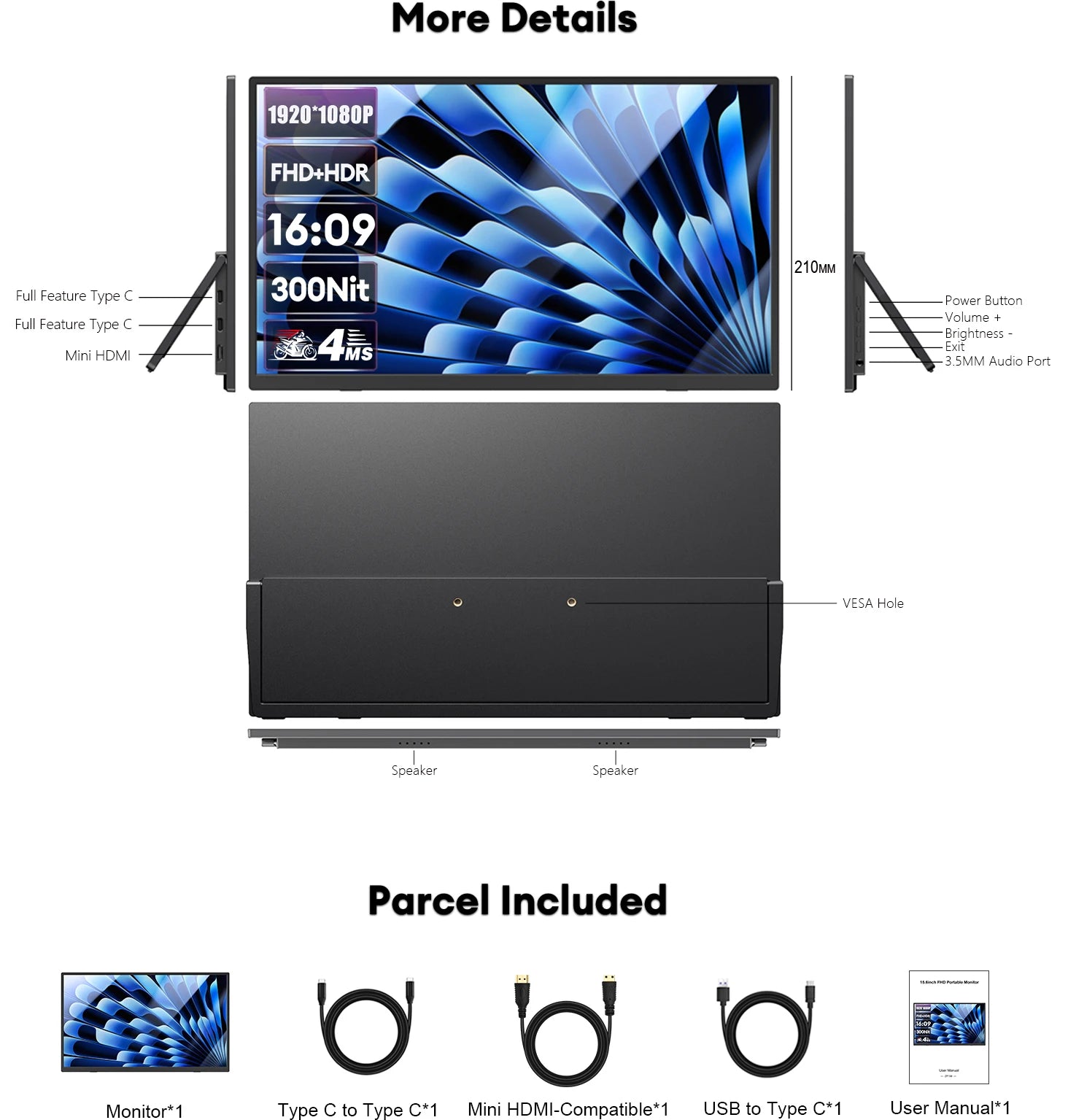 ZEUSLAP 15.6" FHD 100%sRGB 300Nits Ultra thin Back Stand Design Portable Monitor for Phone Gaming Laptop