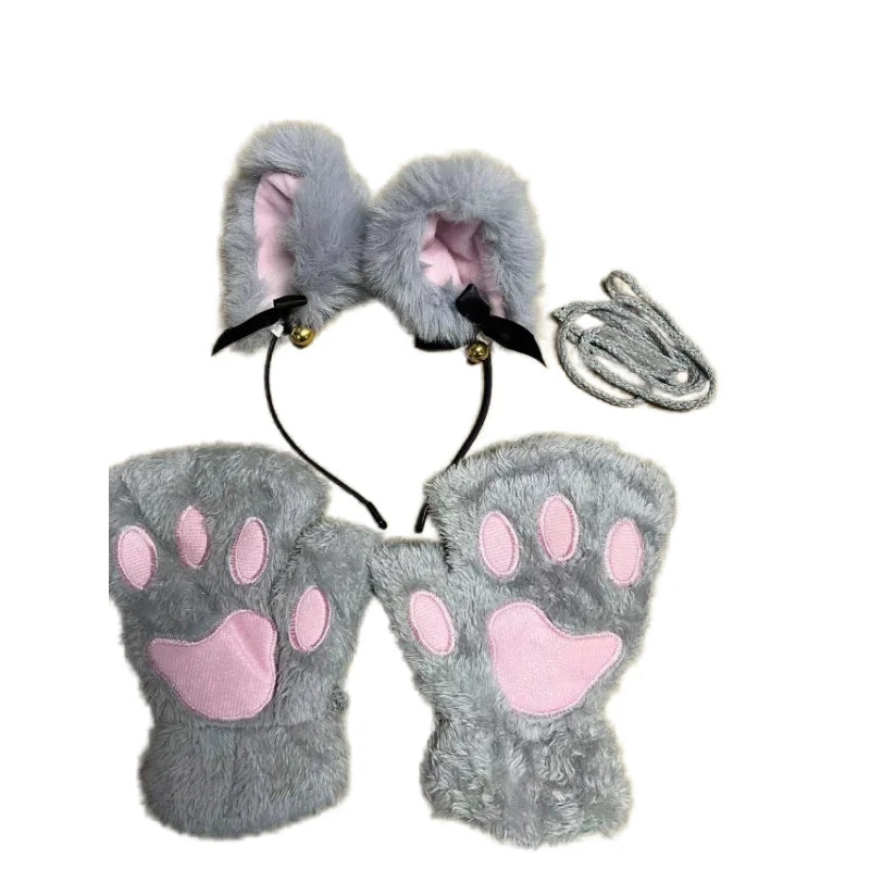 5Pcs Sets Cat Paw Gloves Winter Cute Cartoon Girl Open Finger Gloves Bell Headband Fox Cat Ear Headwear - MANDOTOS