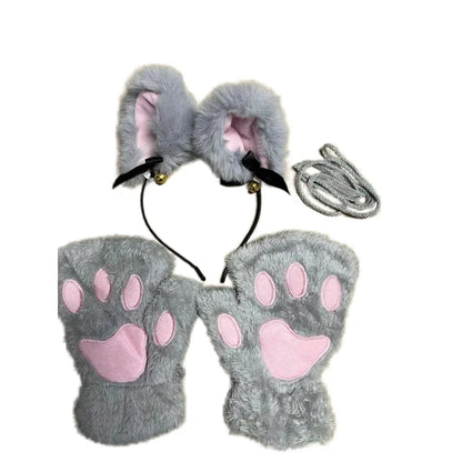 5Pcs Sets Cat Paw Gloves Winter Cute Cartoon Girl Open Finger Gloves Bell Headband Fox Cat Ear Headwear - MANDOTOS