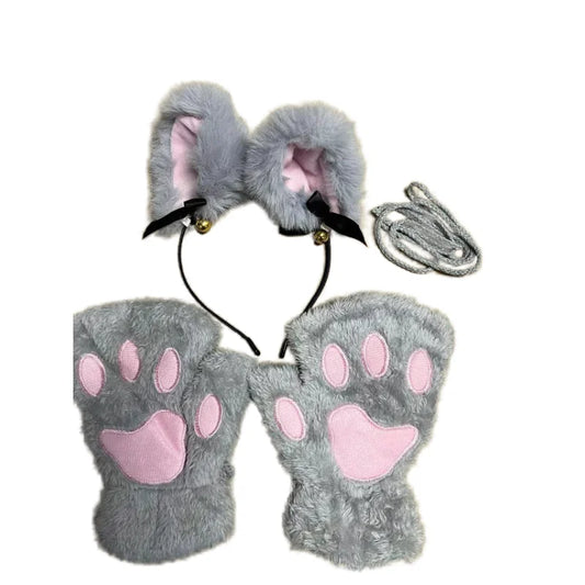 5Pcs Sets Cat Paw Gloves Winter Cute Cartoon Girl Open Finger Gloves Bell Headband Fox Cat Ear Headwear - MANDOTOS