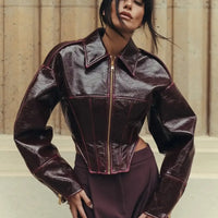 Coated Women Cinched-waist Leather Jacket RetroCasual Lapel Full Sleeve Zipper Bomber Coats Lady Daily High Street Outwear 2026