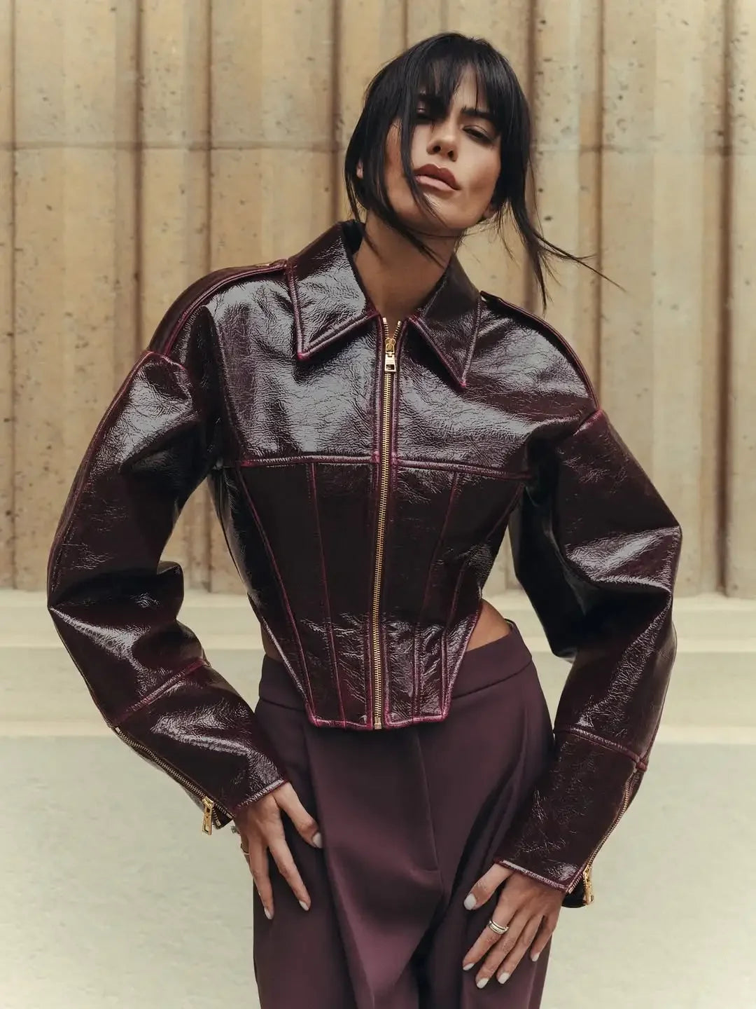 Coated Women Cinched-waist Leather Jacket RetroCasual Lapel Full Sleeve Zipper Bomber Coats Lady Daily High Street Outwear 2026