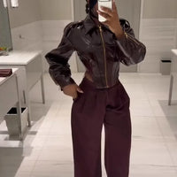 Coated Women Cinched-waist Leather Jacket RetroCasual Lapel Full Sleeve Zipper Bomber Coats Lady Daily High Street Outwear 2026