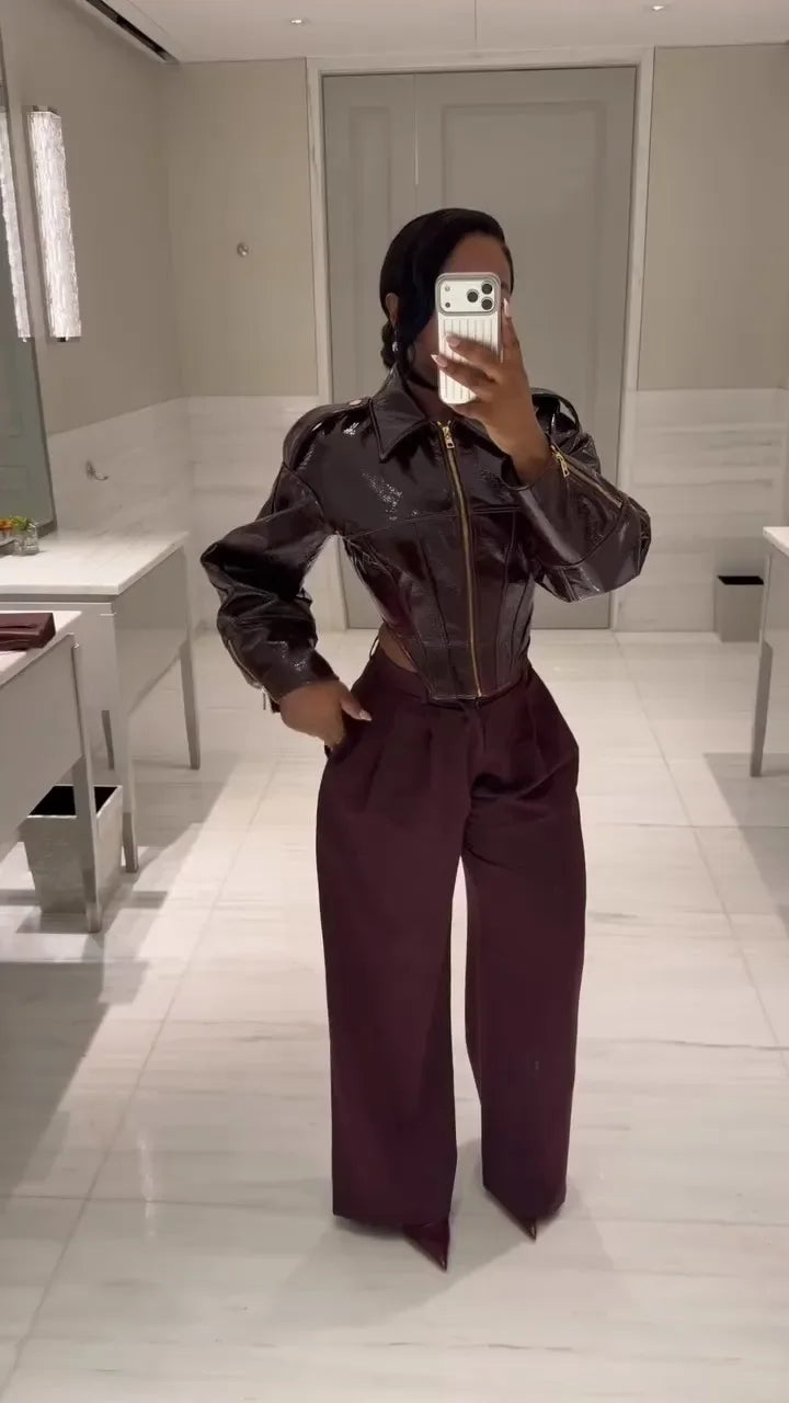 Coated Women Cinched-waist Leather Jacket RetroCasual Lapel Full Sleeve Zipper Bomber Coats Lady Daily High Street Outwear 2026