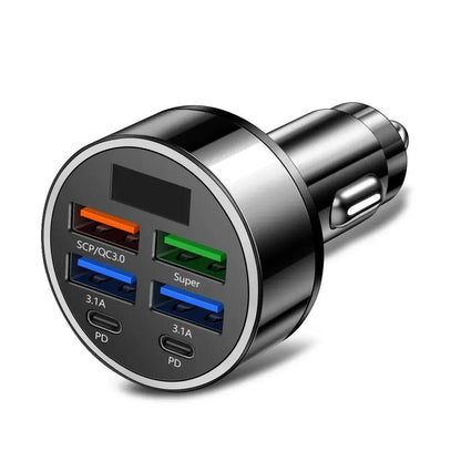 66-250W PD Car Charger QC3.0 Fast Charge with Digital Display 4USB and 2PD Ports for Car Cigarette Lighter Plug - MANDOTOS