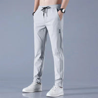 Men Fast Dry Stretch Pants Ice Silk Trousers Solid Color Mid-Waist Loose Breathable Straight-Leg Casual Pants Thin Sports Pants