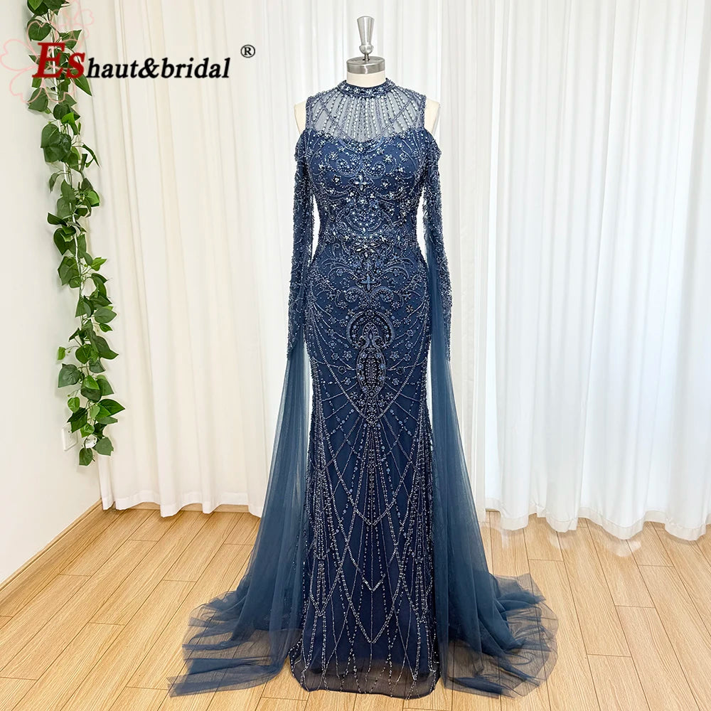 Eshaut&bridal Luxury Beaded Evening Dress Cape Sleeve Dubai Sheer Neck Mermaid Formal Prom Wedding Party Gown Customized 2026