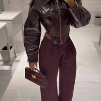Coated Women Cinched-waist Leather Jacket RetroCasual Lapel Full Sleeve Zipper Bomber Coats Lady Daily High Street Outwear 2026