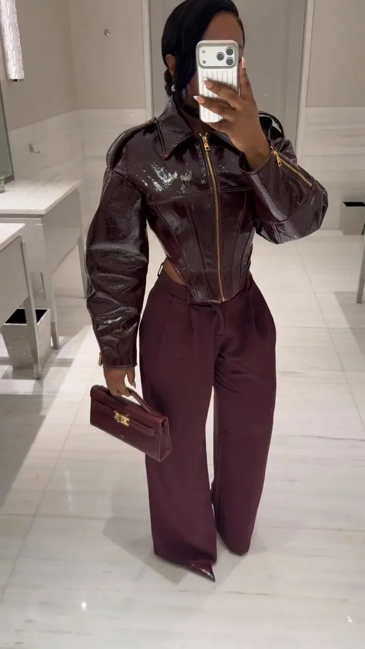 Coated Women Cinched-waist Leather Jacket RetroCasual Lapel Full Sleeve Zipper Bomber Coats Lady Daily High Street Outwear 2026