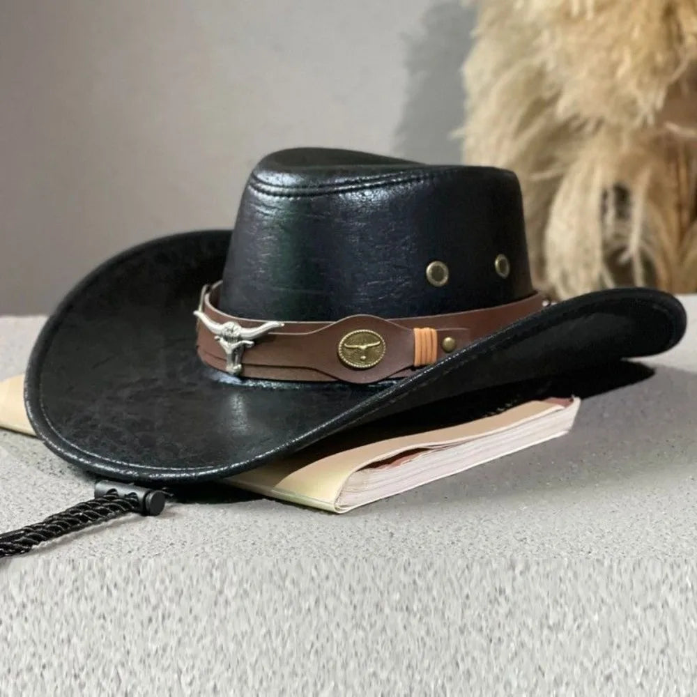 Fashion Bull Head Buckle Western Cowboy Hat Vintage Retro Faux Leather Cowboy Hat Jazz Hat For Men Women Unisex