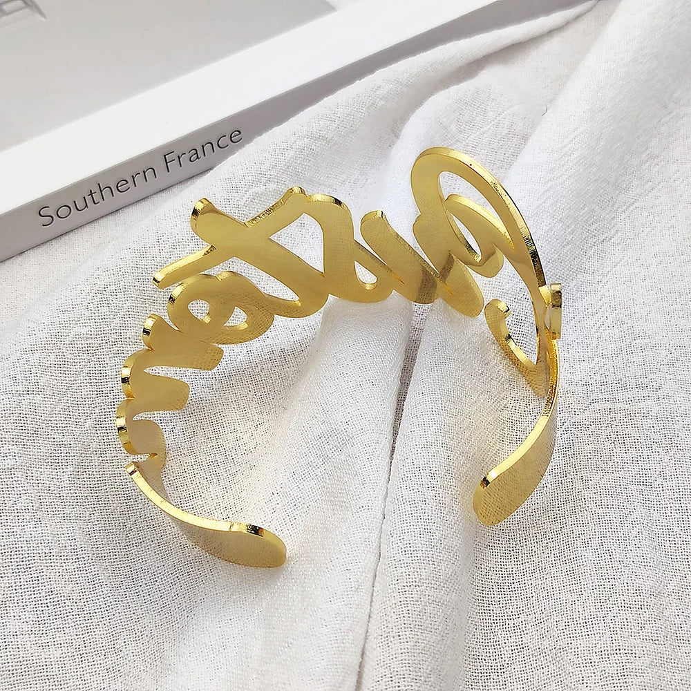 Custom Name Bangle for Women Stainless Steel Personalized Letter Adjustable Big Bangle Jewelry Girlfriend Gift Pulseira Feminina - MANDOTOS