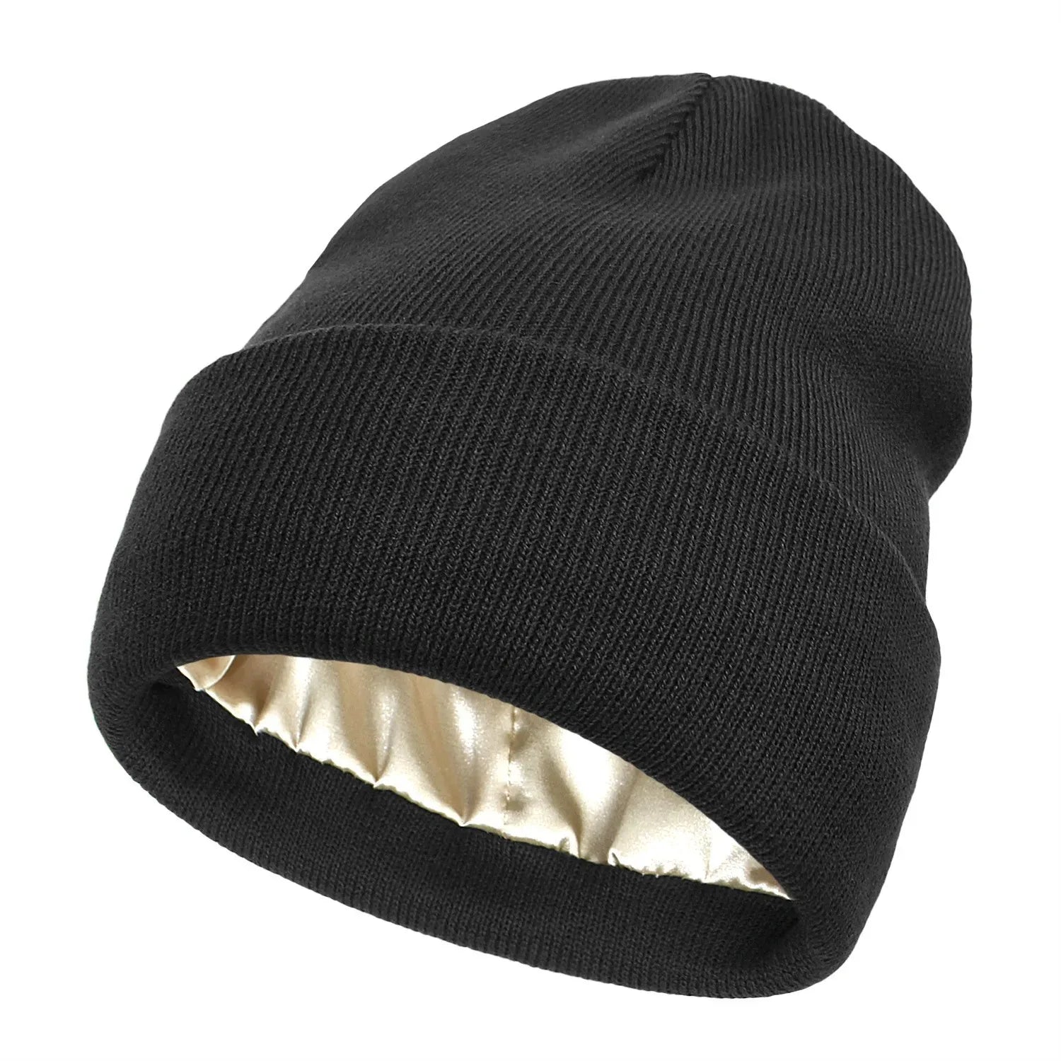 Unisex Satin Lined Beanie Hat For Women Winter Silk Lining Slouchy Warm Cuffed Skullies 2Layer Hair Cover Sleep Cap