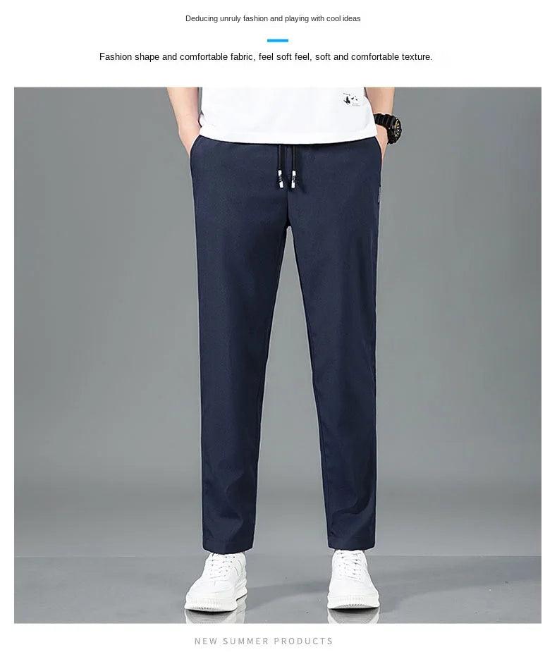 Ice Silk Men's Pants 2025 Summer New Black Gray Thin Business Casual Pants Outdoor Elastic Breathable Straight Leg Sweatpants - MANDOTOS