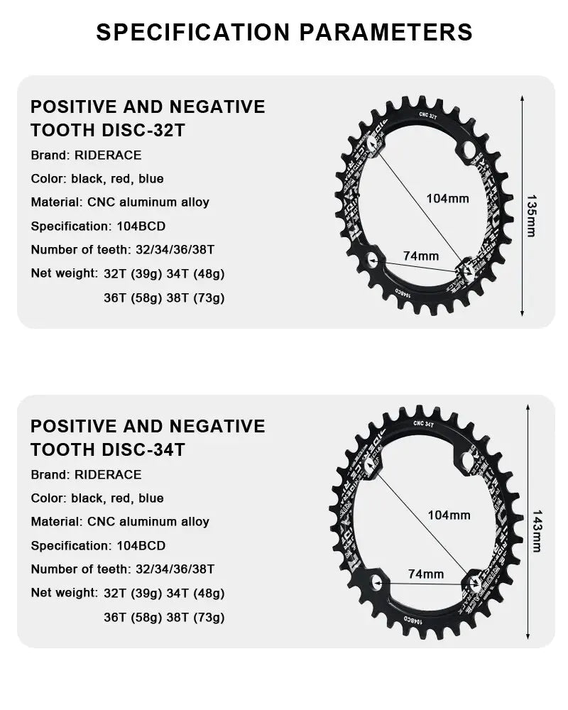 RIDERACE Bicycle Crank Chainring 104BCD Round Shape Narrow Wide 32T/34T/36T/38T Mountain Bike Crankset Chainwheel Single Plate