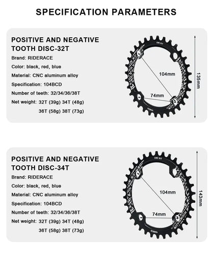 RIDERACE Bicycle Crank Chainring 104BCD Round Shape Narrow Wide 32T/34T/36T/38T Mountain Bike Crankset Chainwheel Single Plate