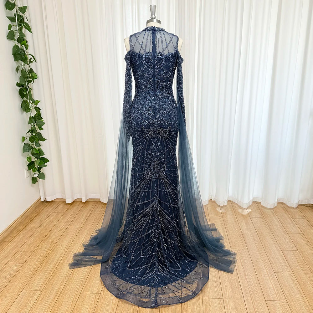 Eshaut&bridal Luxury Beaded Evening Dress Cape Sleeve Dubai Sheer Neck Mermaid Formal Prom Wedding Party Gown Customized 2026