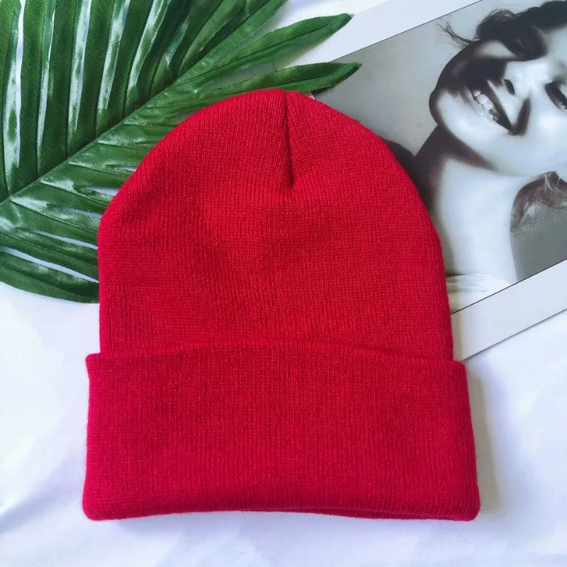 Women Men Fluorescent Color Warm Beanie Hat Autumn Winter Stretch Knitted Crochet Beanies Hat Cap Black Red White Navy Pink