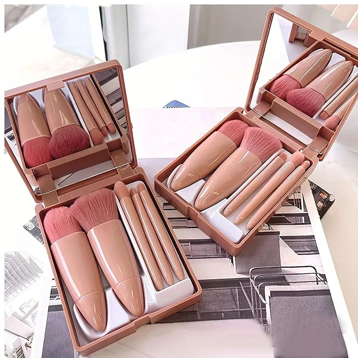 5Pcs Portable Makeup Brush Set With Mirror - Foldable Travel Kit ，Mini Makeup Brush Set Travel Makeup Brush Set - MANDOTOS
