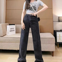 New Design Sense Women's Loose Denim Pants Retro Straight Leg Pants Fashionable Solid Color Loose Casual Wide Leg Pants