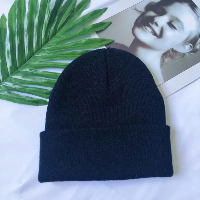 Women Men Fluorescent Color Warm Beanie Hat Autumn Winter Stretch Knitted Crochet Beanies Hat Cap Black Red White Navy Pink