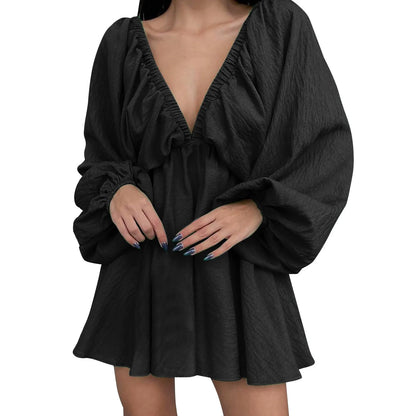 Deep V Neck Sexy Dress Temperament Retro Solid Color Pleated Dress Elegant Long Sleeve Large Size Casual Womens Dresses ropa - MANDOTOS