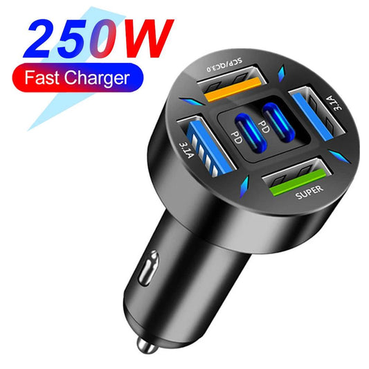 66-250W PD Car Charger QC3.0 Fast Charge with Digital Display 4USB and 2PD Ports for Car Cigarette Lighter Plug - MANDOTOS