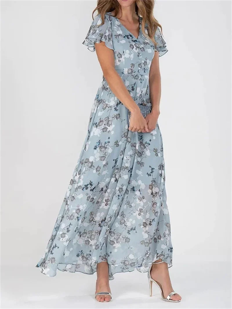 Women Elegant Ruffle Short Sleeve V Neck Pullover Dresses Sweet Style Small Flower Print High Waist Dress Female New Casual Gown