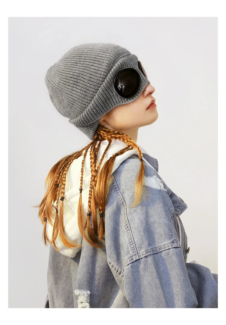 Brimless Hat With Goggles For Men And Women In Winter Hat Neutral Solid Color Skull Knitted Hat In Winter - MANDOTOS