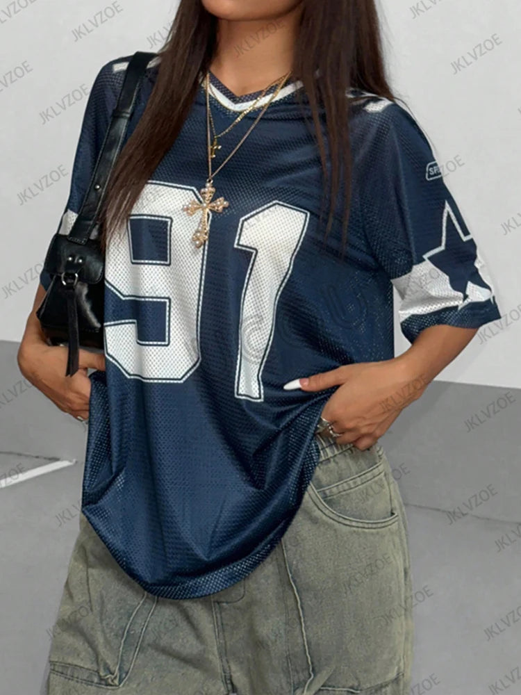 Summer New Black Speed 91 Print T-Shirt For Women V-Neck Patchwork Short Sleeve Sports Football Jersey Y2K Loose Oversized Tops - MANDOTOS