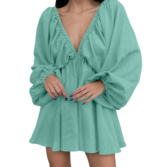 Deep V Neck Sexy Dress Temperament Retro Solid Color Pleated Dress Elegant Long Sleeve Large Size Casual Womens Dresses ropa - MANDOTOS
