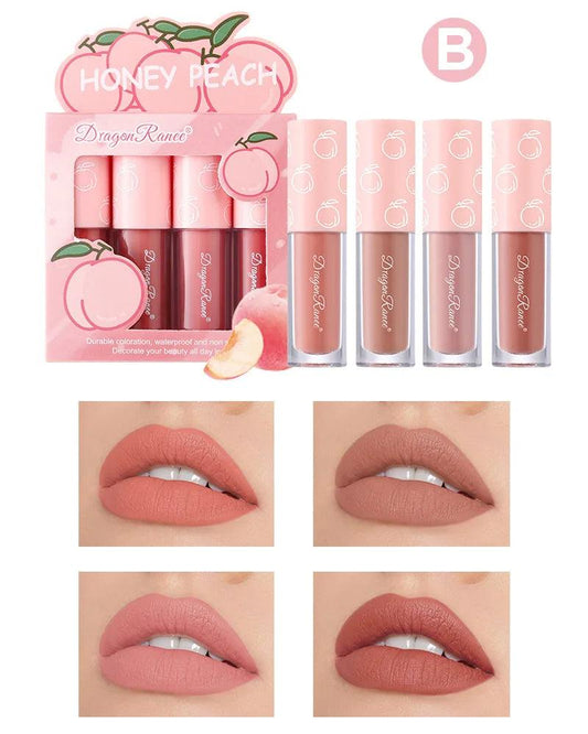 Mini Velvet Matte Lip Gloss Set 4 Piece Long Lasting Non Fading Non Stick Cup Fruit Scented Lip Tint Smooth Lightweight - MANDOTOS
