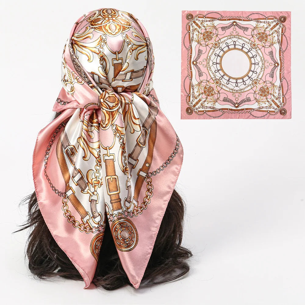 1pcs 90*90cm Square Silk Scarves Women Hijab Shawls Fashion Print Kerchief Femme Head Scarf Foulard Bandana Beach Head Scarf