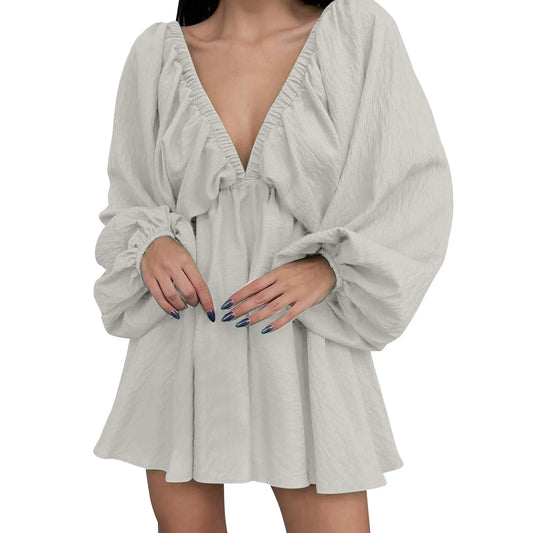 Deep V Neck Sexy Dress Temperament Retro Solid Color Pleated Dress Elegant Long Sleeve Large Size Casual Womens Dresses ropa - MANDOTOS