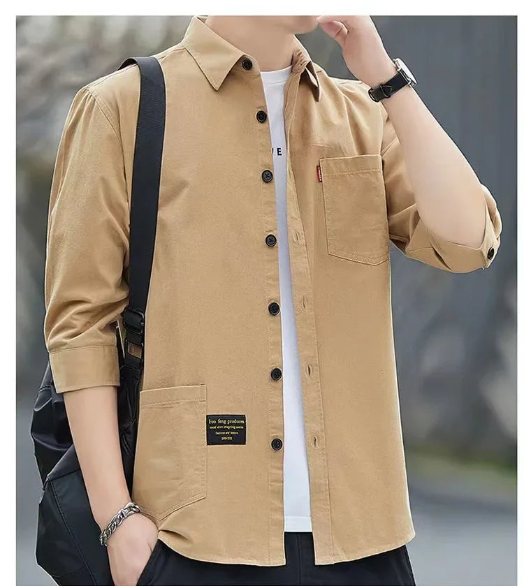 Men shirts Summer Men's clothing Short-Sleeved shirts & blouses Daily Solid Color Stand-Up Collar Casual Beach Style Male Shirt - MANDOTOS