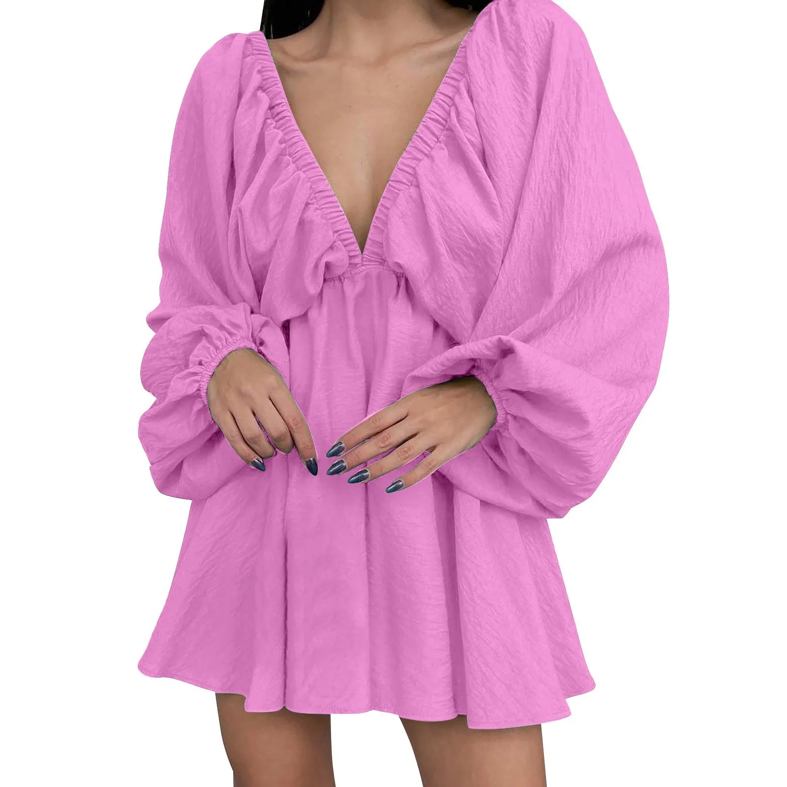 Deep V Neck Sexy Dress Temperament Retro Solid Color Pleated Dress Elegant Long Sleeve Large Size Casual Womens Dresses ropa - MANDOTOS